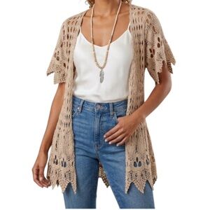 PPLA Tan Crochet Lace Open Front Cardigan Boho Knit Scalloped Shrug Kimono Small